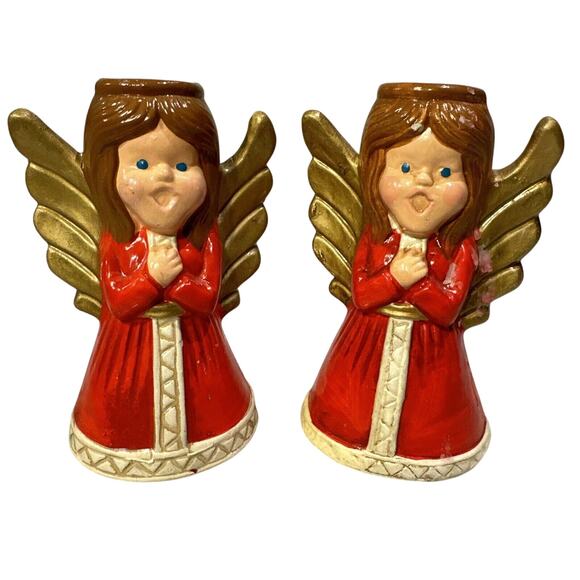 RARE LENOX Japan Holiday Angel Caroler Taper Candle Holder Set 5" Kitsch Whimsy - Picture 1 of 7